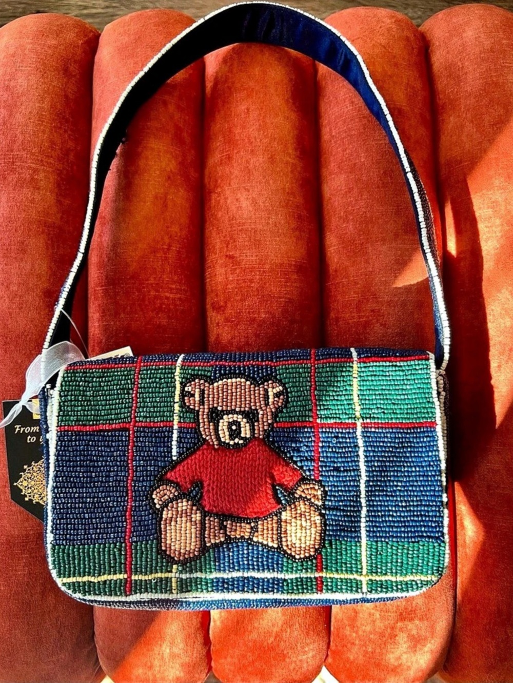 Beaded Teddy Bear Plaid Shoulder Bag NWT